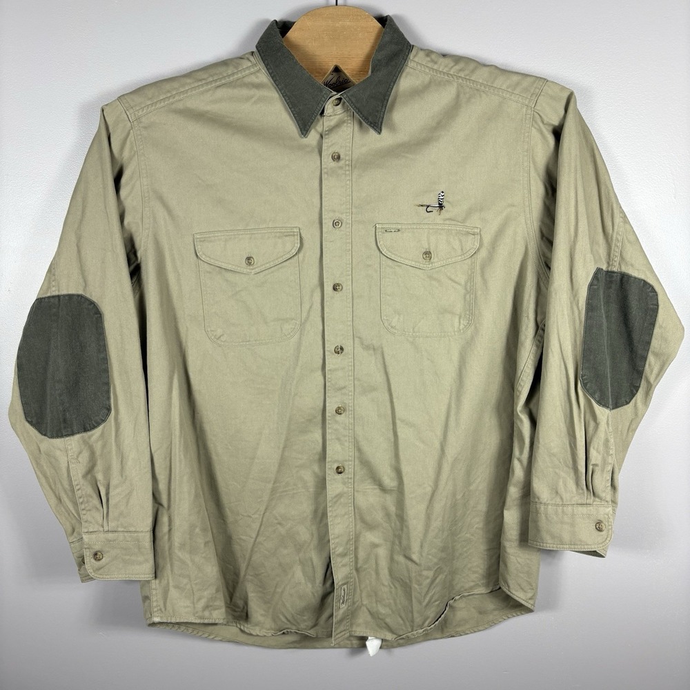 Woolrich Men's 2XL Beige 100% Cotton Button Up Elbow Patch Long Sleeve Shirt VTG
